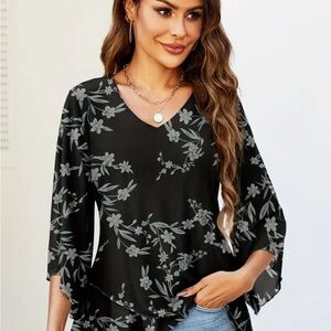 Elegant Black Floral V-Neck Blouse